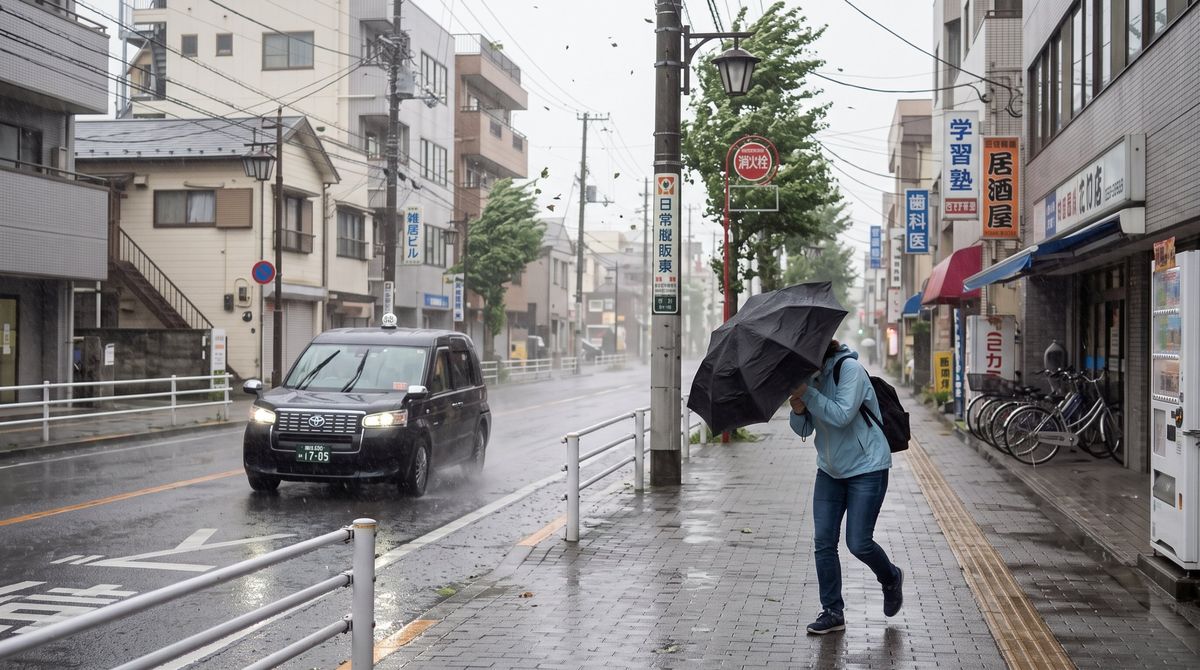 A pedestrian holding an umbrella against strong typhoon winds on a rainy street